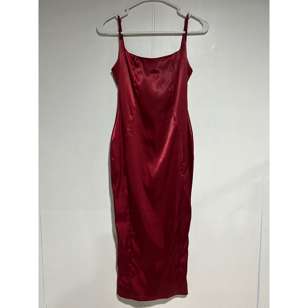 Maroon Satin Bodycon Midi Dress Womens Small Date night Holiday Glam Party Chic